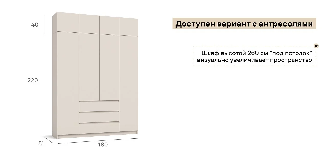 Идея 180 шкаф распашной 4Д+ящики Кашемир