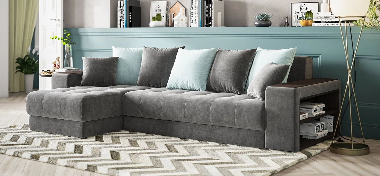 Угловой диван Дубай велюр Монолит серый, велюр Монолит аква