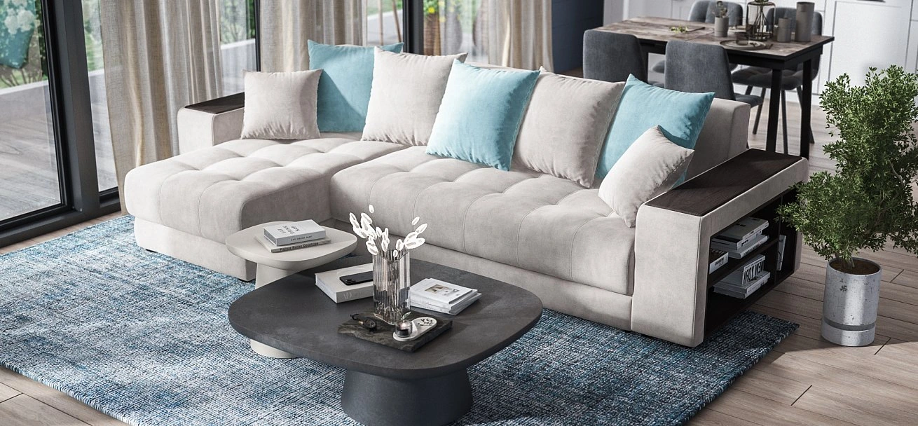 Угловой диван Дубай велюр Монолит латте, велюр Монолит аква