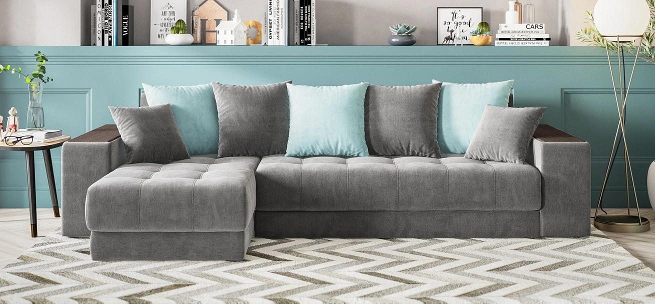 Угловой диван Дубай велюр Монолит серый, велюр Монолит аква