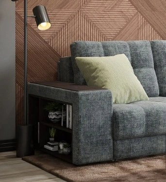 Широкие подлокотники с МДФ накладками, и встроенными полочками для хранения необходимых вещей.