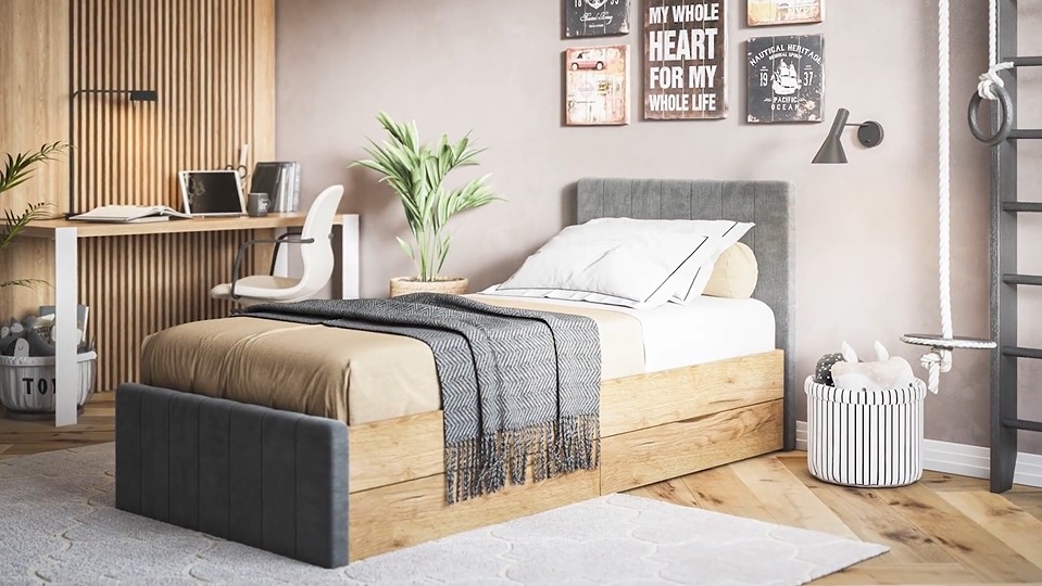 Лофт Мини Кровать 90*200 велюр Монолит аква, Сонома