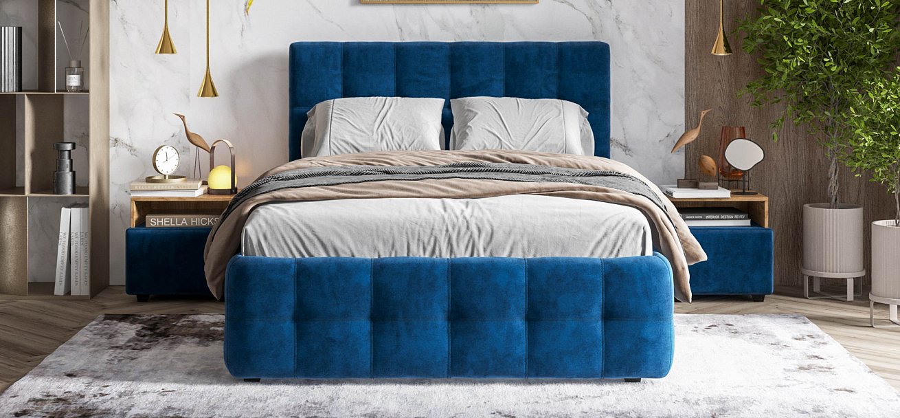 Босс Кровать+ПМ 140*200 велюр Монолит синий