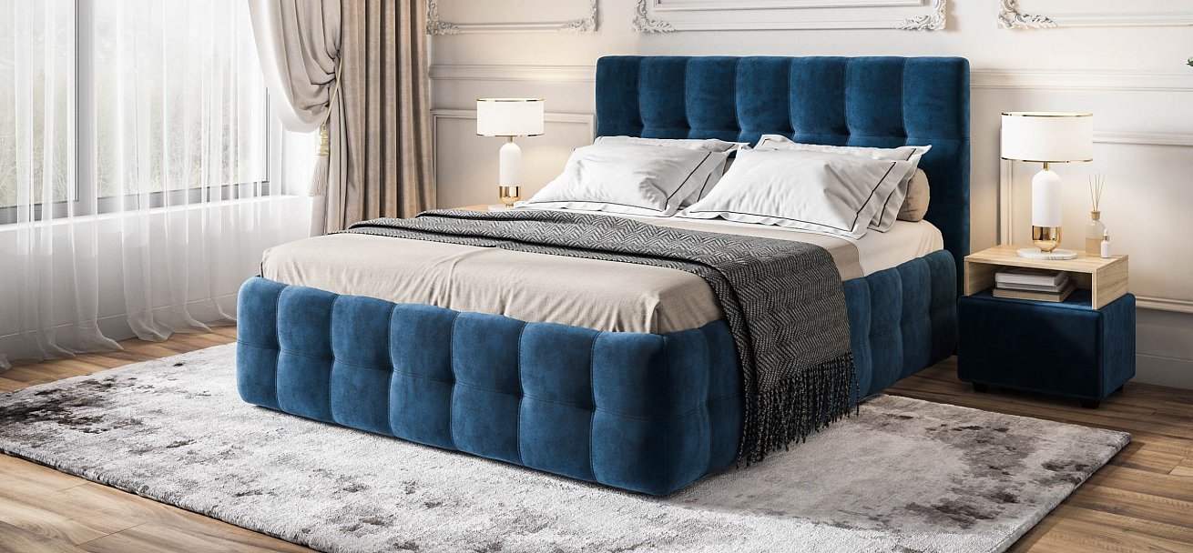 Босс Кровать+ПМ 160*200 велюр Монолит синий