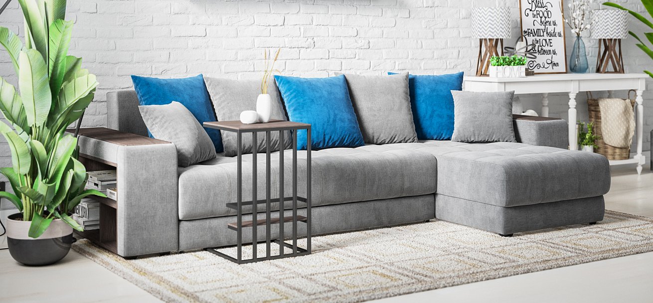 Угловой диван Дубай велюр Монолит серый, велюр Монолит синий