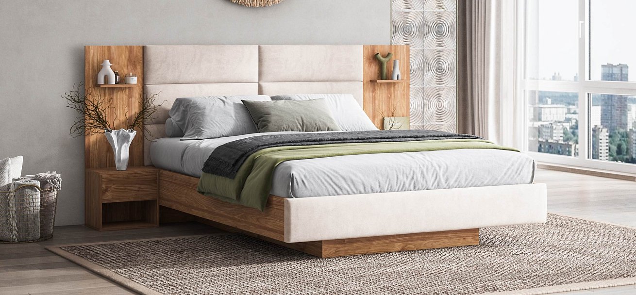 Босс Лофт Кровать+ПМ 160*200 велюр Монолит латте, Орех селект