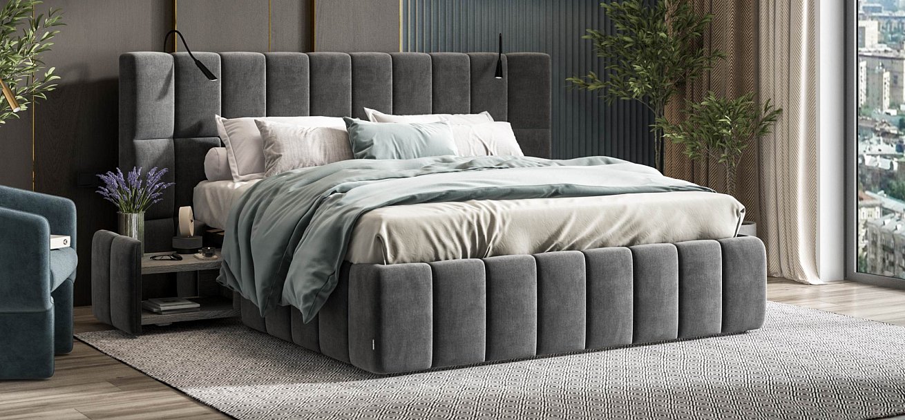 Босс ХО Кровать 180*200 велюр Монолит серый