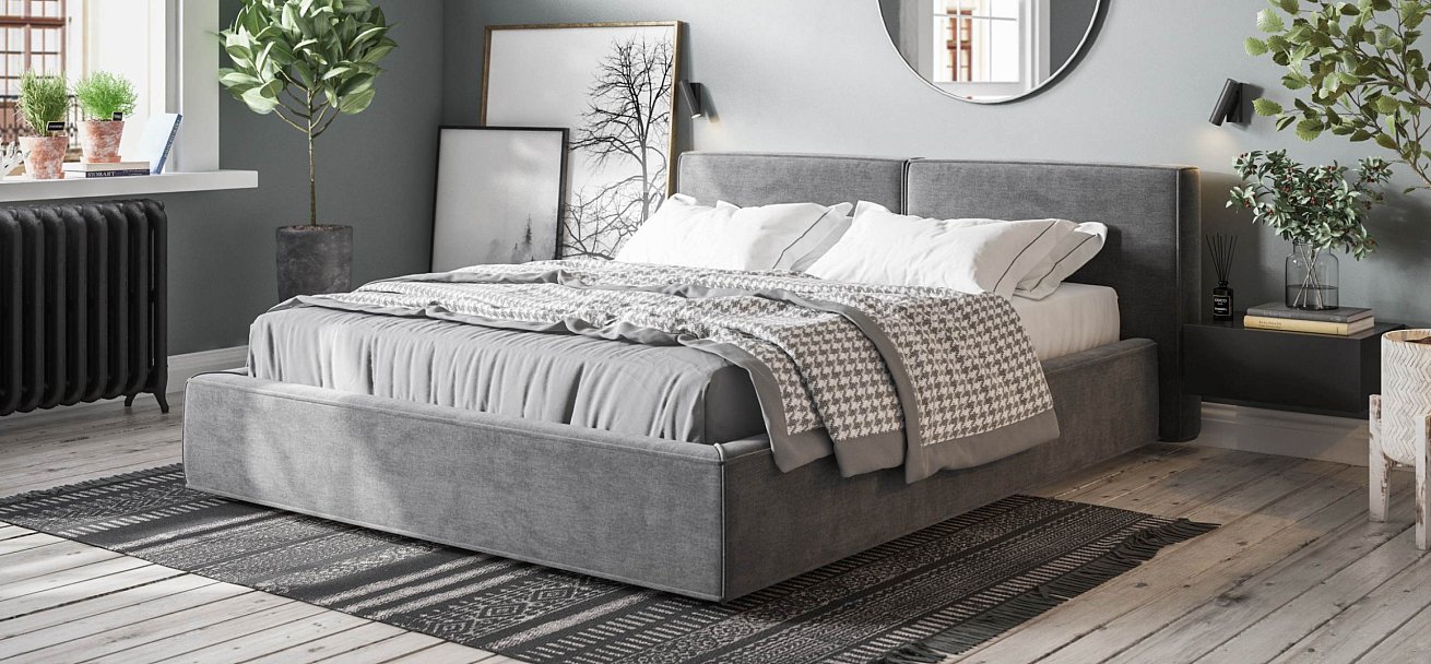 Норд Кровать+ПМ 160*200 велюр Монолит серый