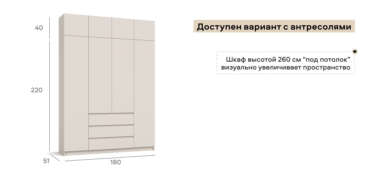 Идея 180 шкаф распашной 4Д+ящики Кашемир