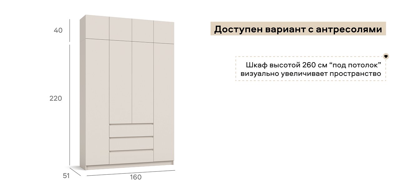 Идея 160 шкаф распашной 4Д+ящики Кашемир