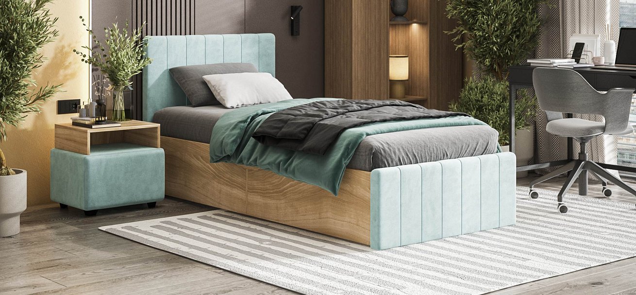 Лофт Мини Кровать 90*200 велюр Монолит аква, Сонома