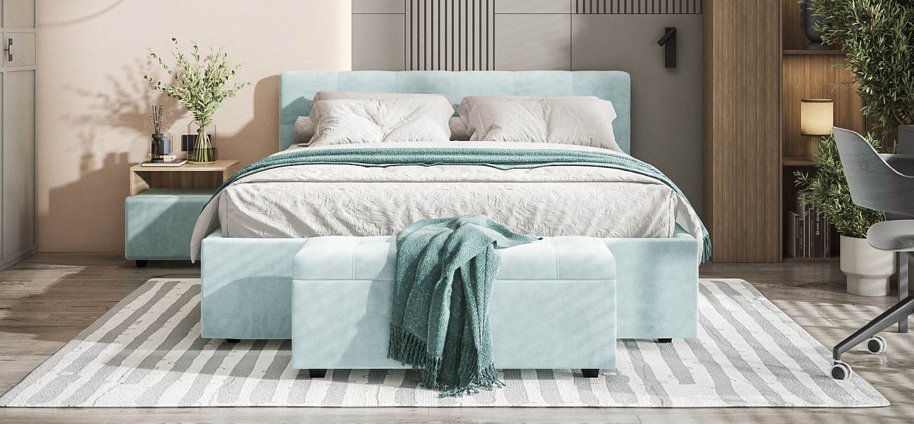 Белла Кровать+ПМ 160*200 велюр Монолит аква