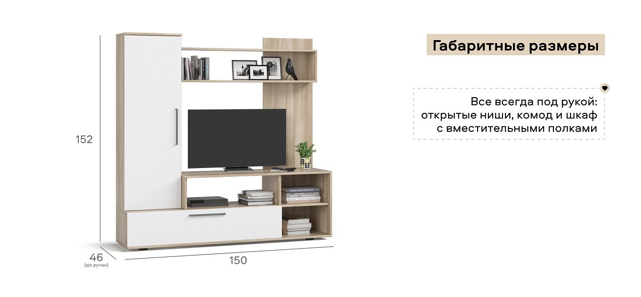 Стенка Симпл 150 Сонома, Белый снег