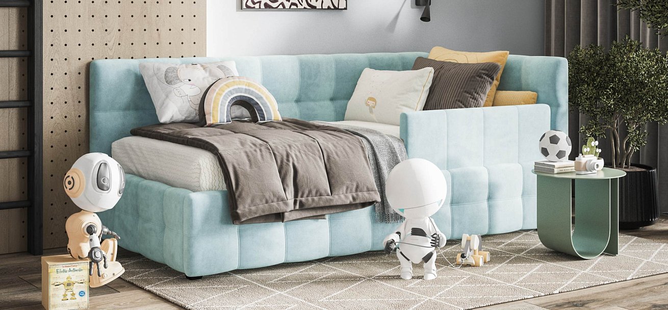 Босс Мини Кровать+ПМ 90*200 велюр Монолит аква