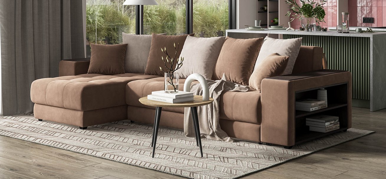 Угловой диван Дубай велюр Монолит мокко, велюр Монолит латте