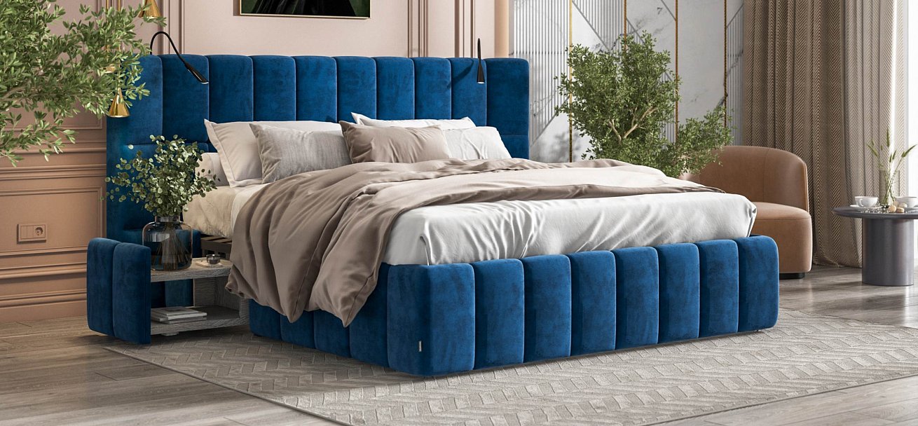Босс ХО Кровать 180*200 велюр Монолит синий