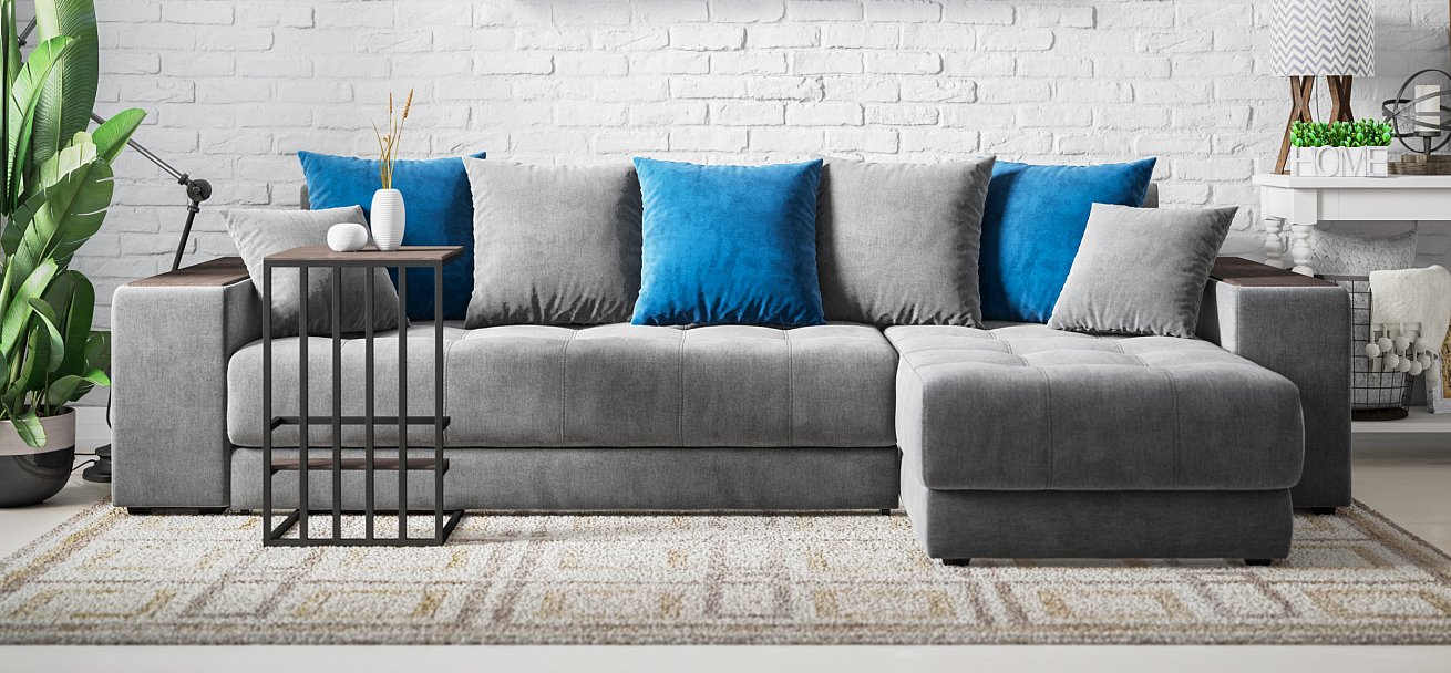 Угловой диван Дубай велюр Монолит серый, велюр Монолит синий