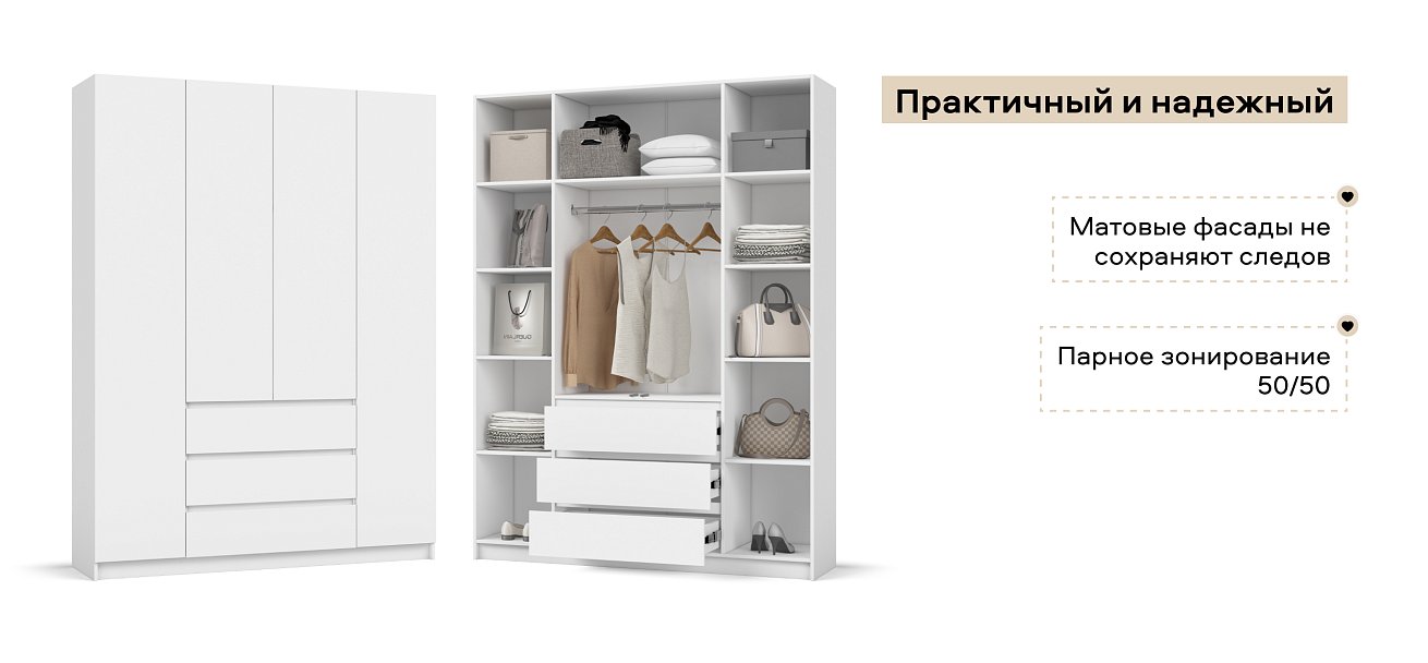 Идея 160 шкаф распашной 4Д+ящики Белый