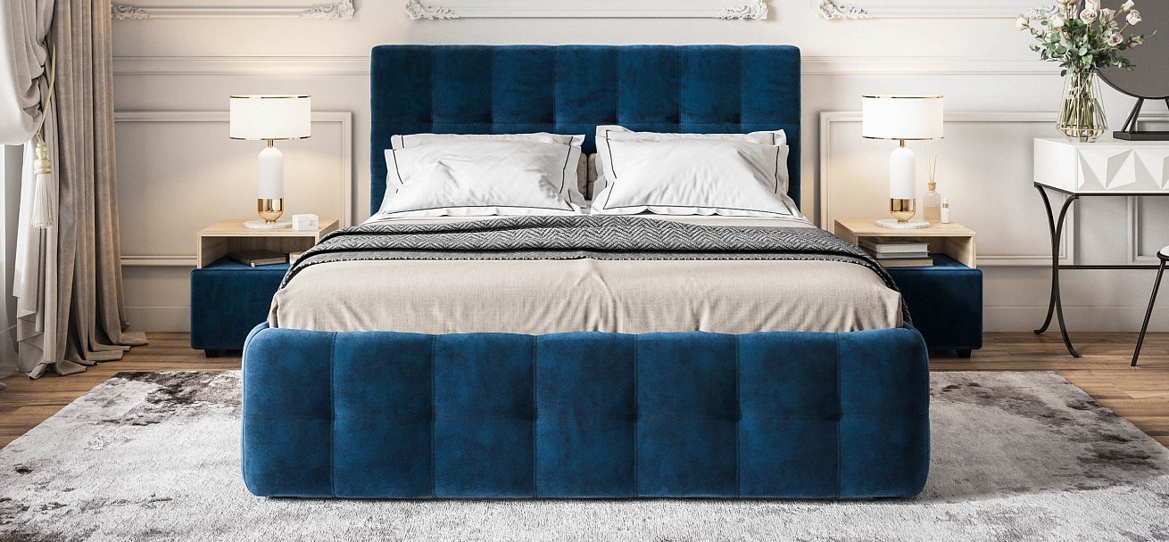 Босс Кровать+ПМ 160*200 велюр Монолит синий