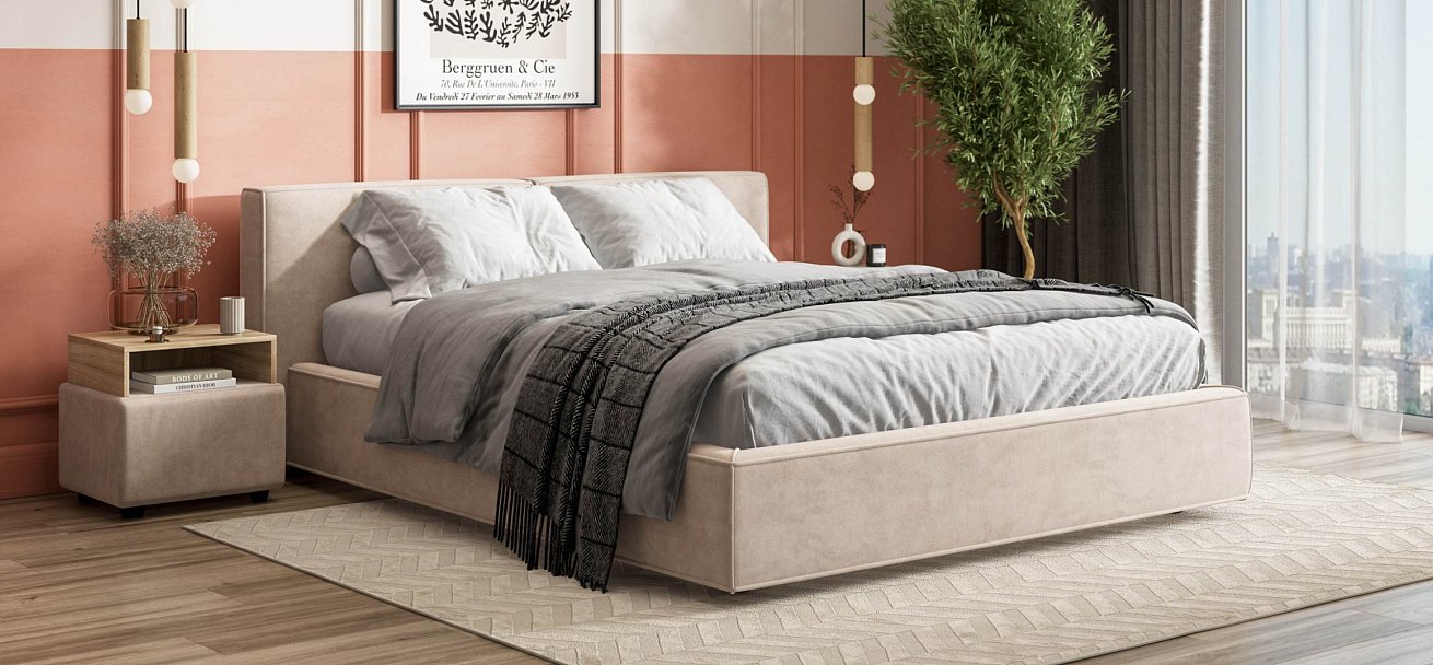 Норд Кровать+ПМ 160*200 велюр Монолит латте