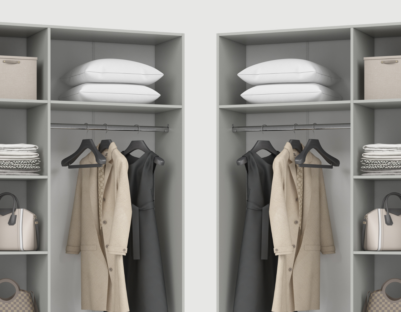 Полки и ящики можно установить с любой стороны — справа или слева. Шкаф адаптируется под вашу планировку и привычки, обеспечивая комфорт в использовании