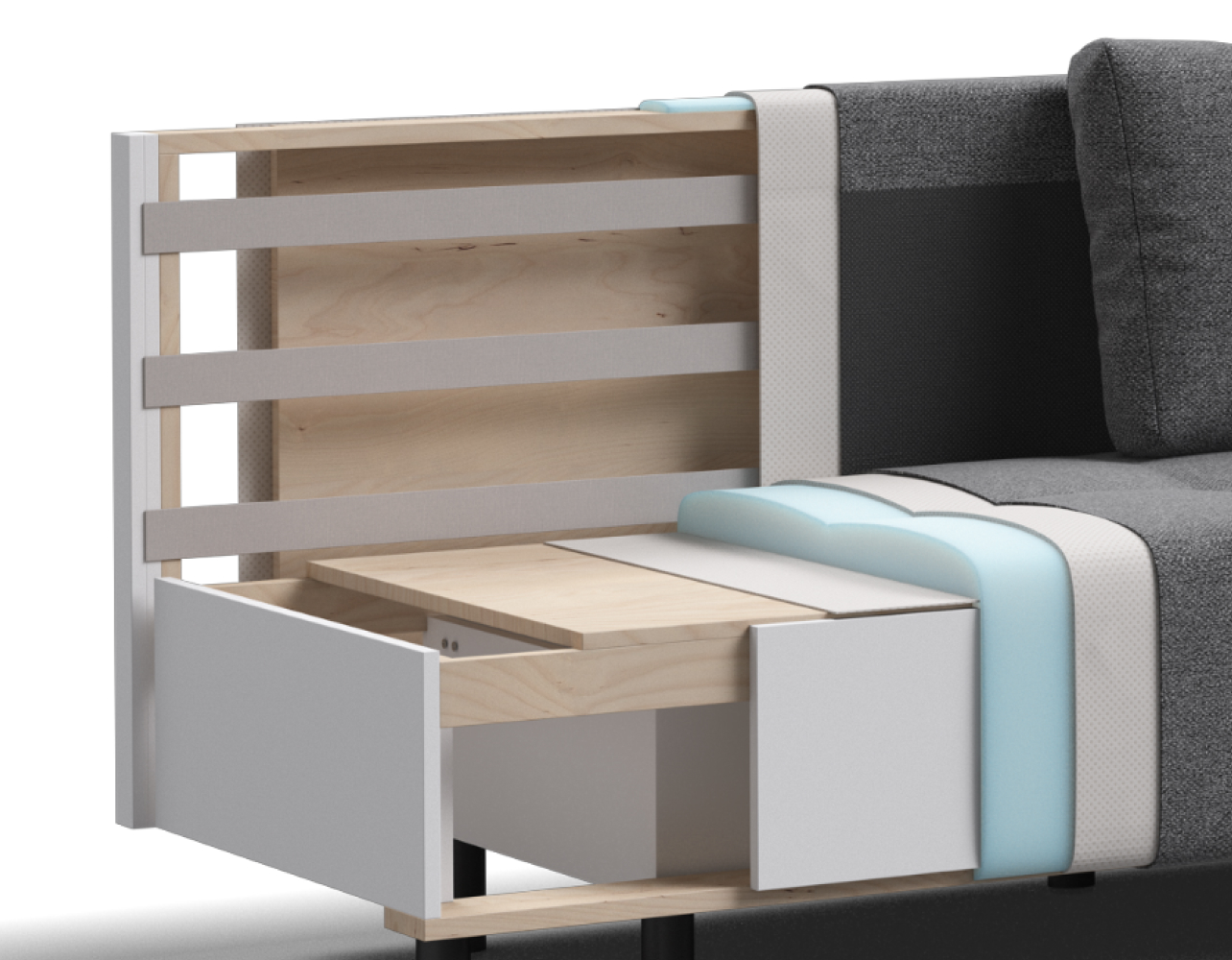 Наполнитель дивана – высокоэластичная гипоаллергенная пена на ДСП основании идеально подойдет для тех, кто любит более жесткие матрасы