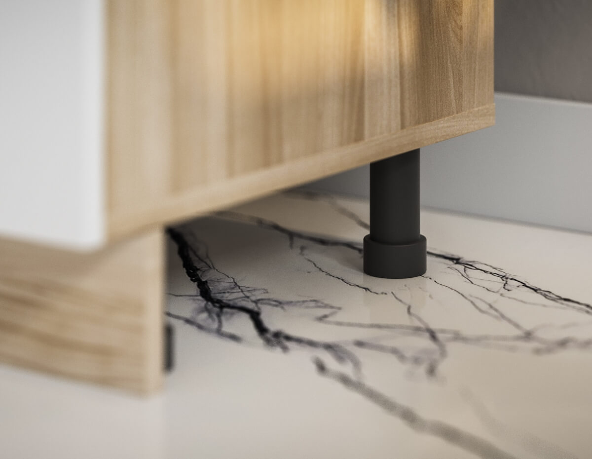 В стандартную комплектацию кухни входят регулируемые ножки, которые позволяют выровнить мебель в случае не идеально ровного пола.